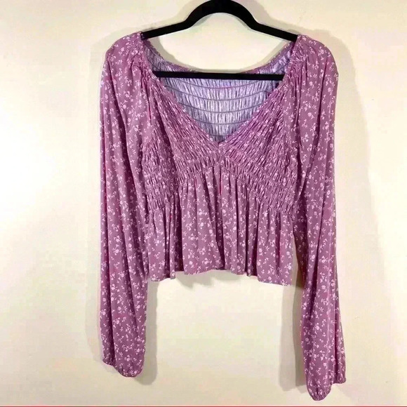 LA Hearts Blush Floral Rayon Smock Balloon Cropped Peasant Boho Ruffle Top - Picture 2 of 14